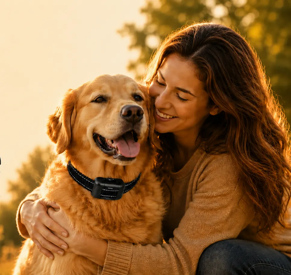 Woman hugging her golden retriever wearing a PawPulse collar at sunset