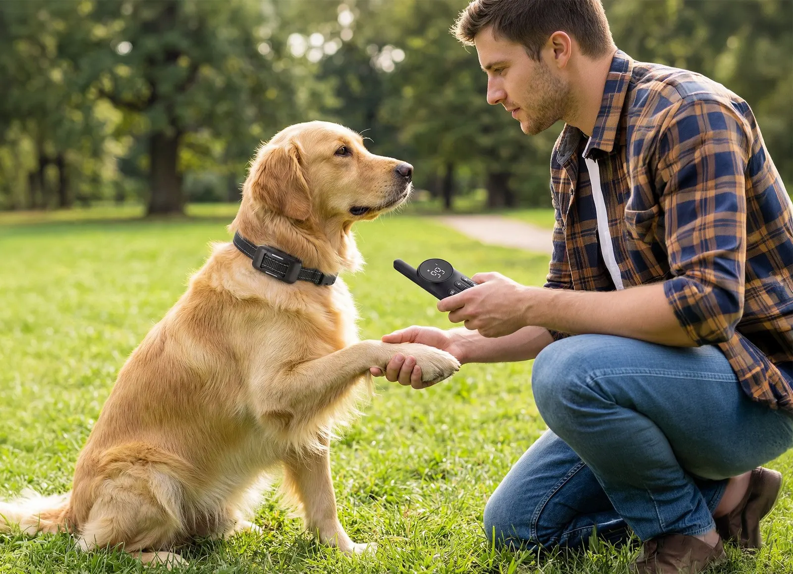 Owner using the PawPulse remote while his golden retriever wears the training collar